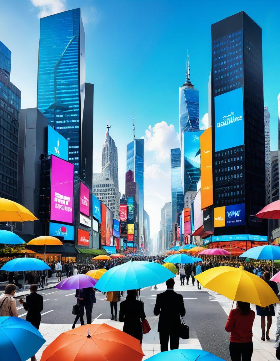 Imagine a futuristic city skyline with sleek, digital billboards displaying various insurance options, surrounded by diverse people using tablets and smartphones, showcasing a seamless integration of technology and insurance solutions. In the foreground, symbols of security and coverage like shields and umbrellas float above, representing peace of mind in the digital age. The atmosphere is bright and optimistic, filled with vibrant colors that evoke a sense of innovation. super-realistic. vibrant colors. 3D.