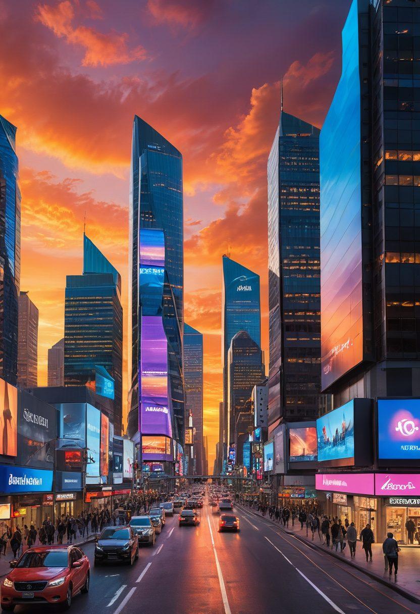 A futuristic city skyline with digital billboards displaying diverse insurance options, people interacting with interactive kiosks, drones flying overhead, a blend of technology and insurance themes, vibrant colors illuminating a sunset sky. super-realistic. 3D. vibrant colors.